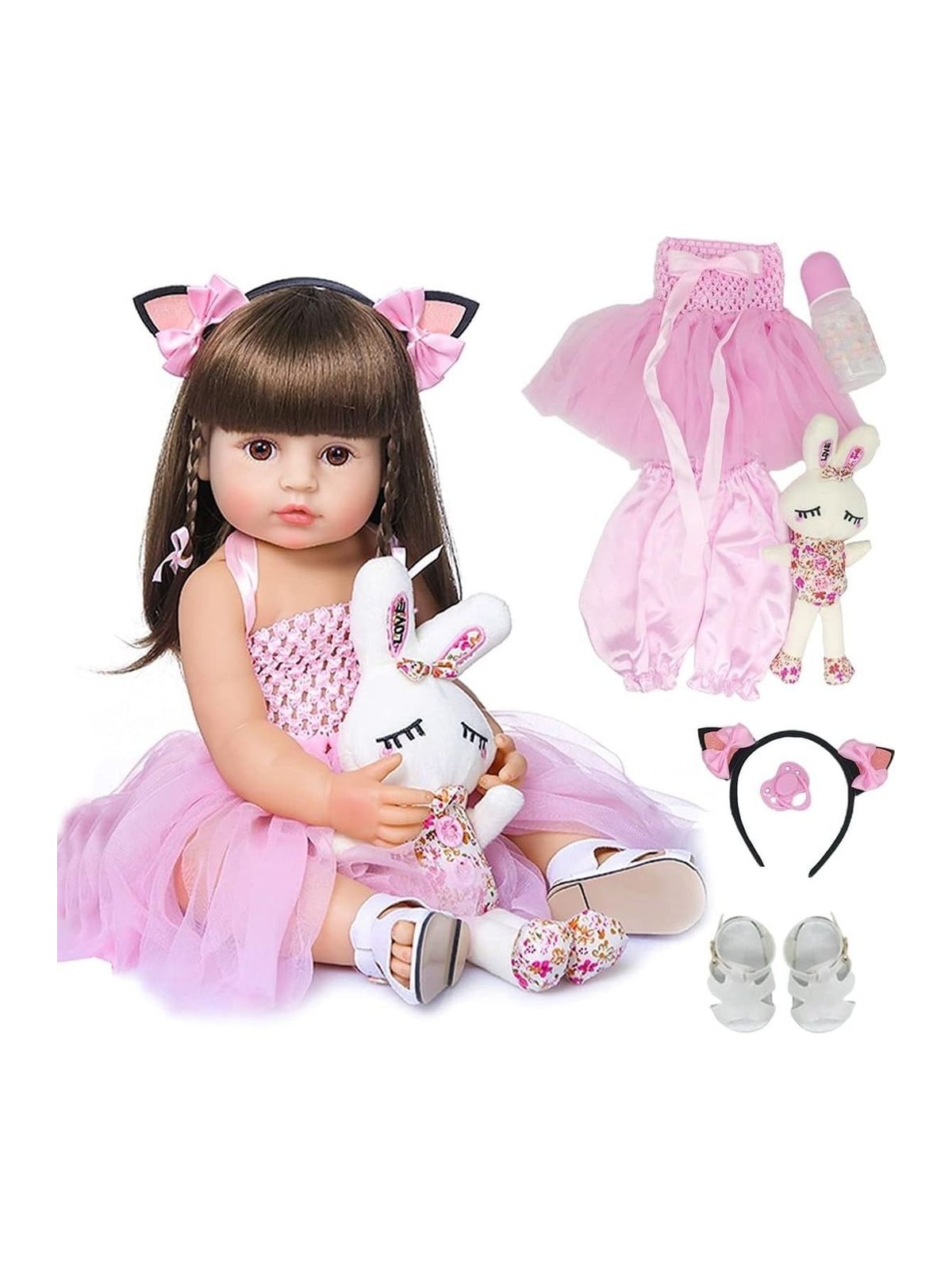 Boneca Bebê Reborn 55 cm de Silicone com Coelhinho e Acessórios