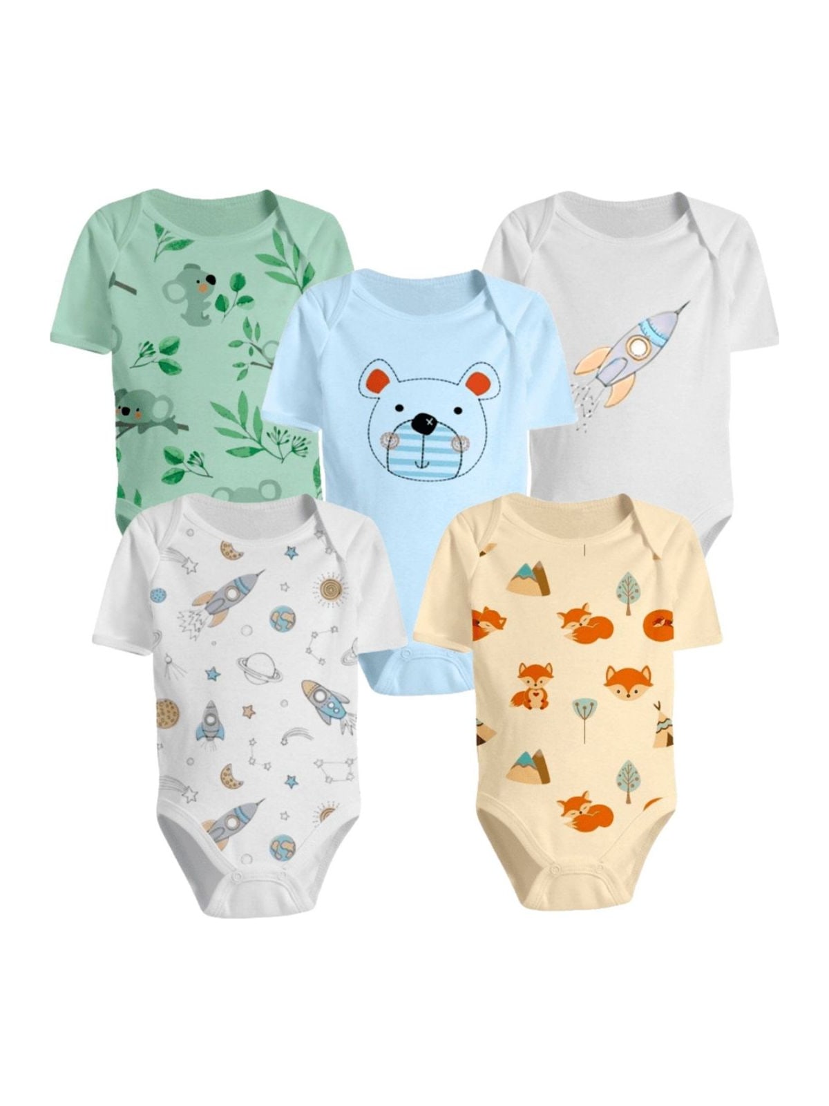 Kit 5 Bodies de Bebê Manga Curta Estampados 100% Algodão Koala Baby